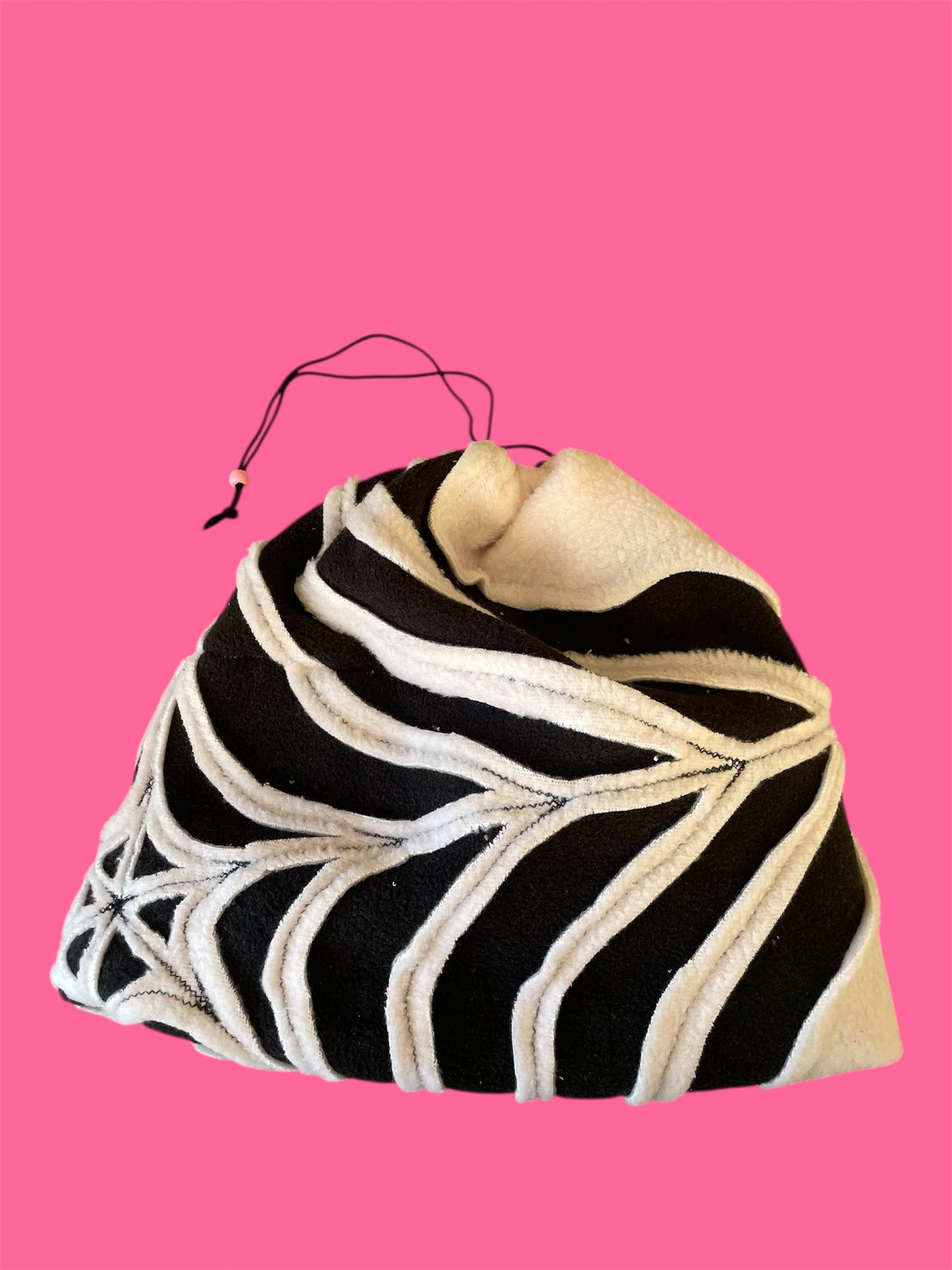 Light Pink and Black Spider Web Fleece Beanie
