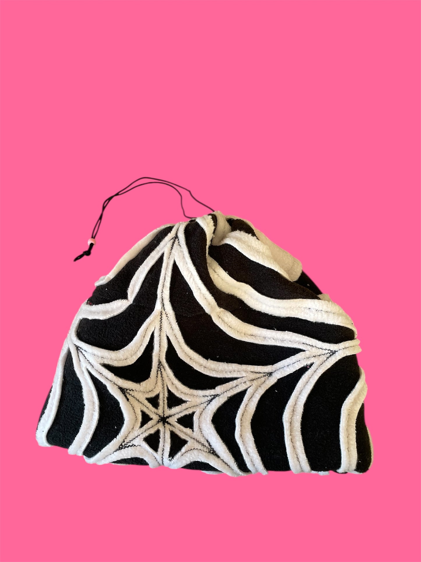 Light Pink and Black Spider Web Fleece Beanie