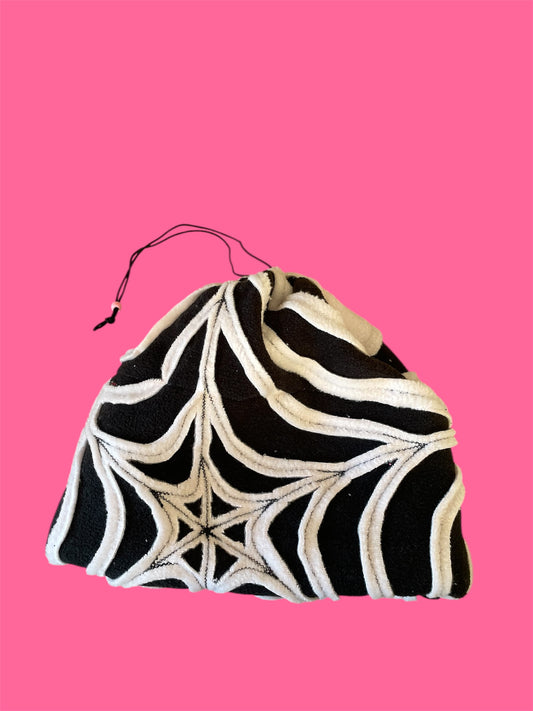 Light Pink and Black Spider Web Fleece Beanie