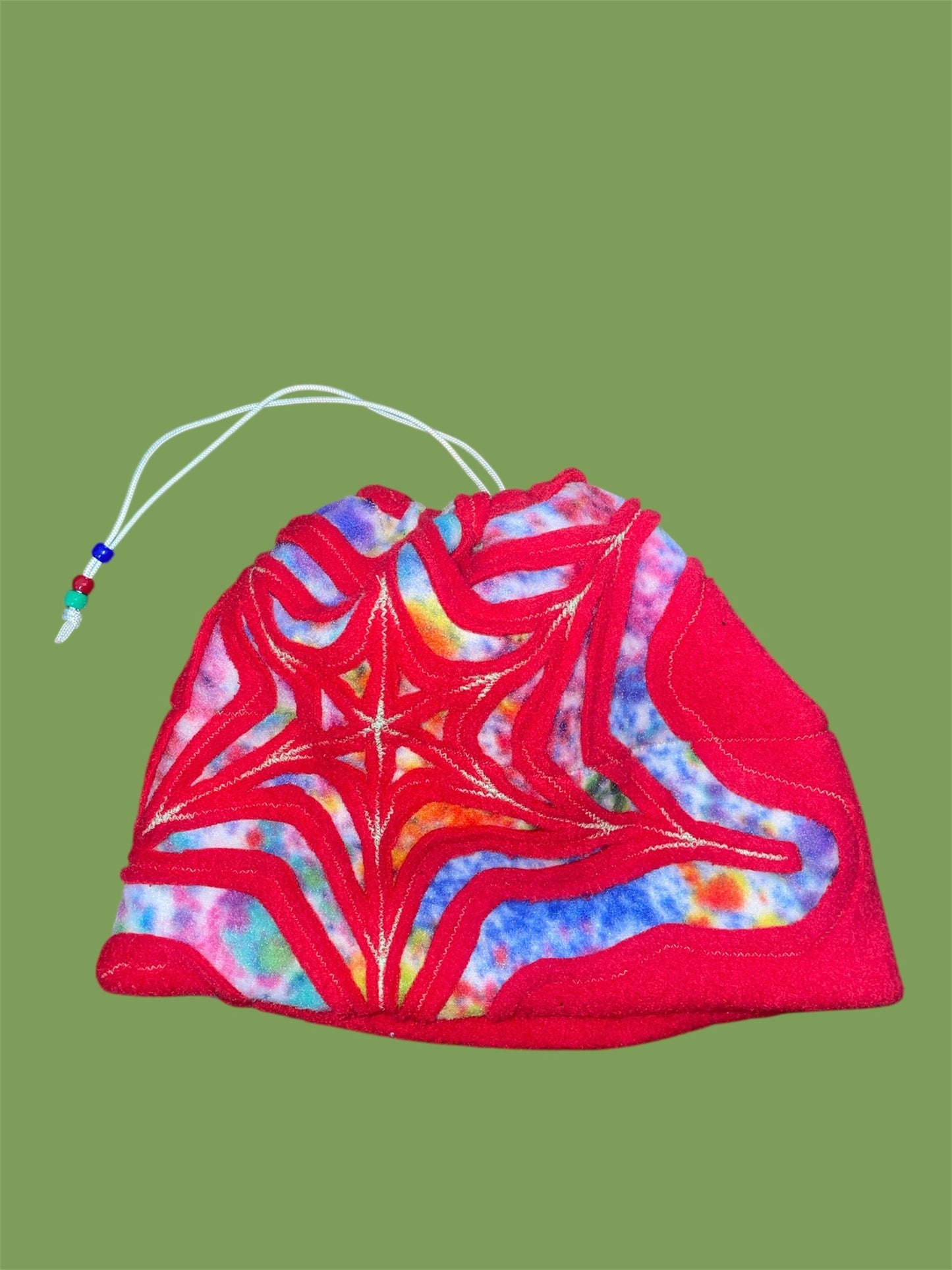 Red and Tye Dye Spider Web Fleece Beanie