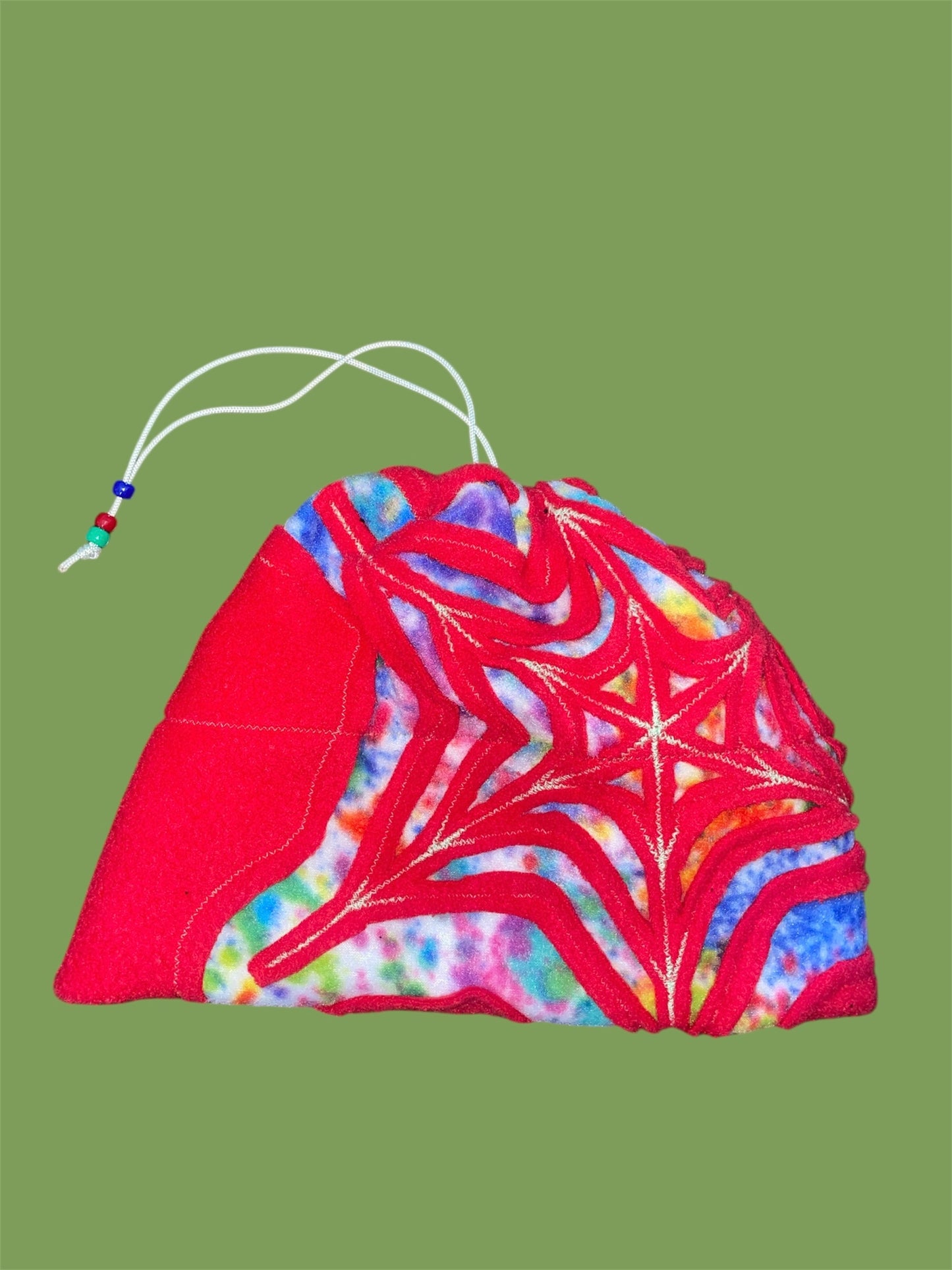 Red and Tye Dye Spider Web Fleece Beanie